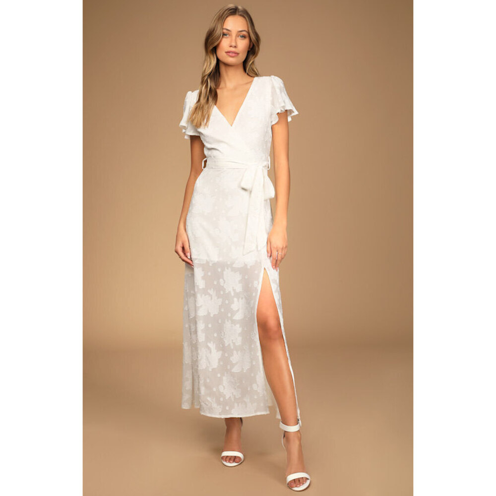 Lulus Compelling Love White Jacquard Short Sleeve Maxi Dress - Size M